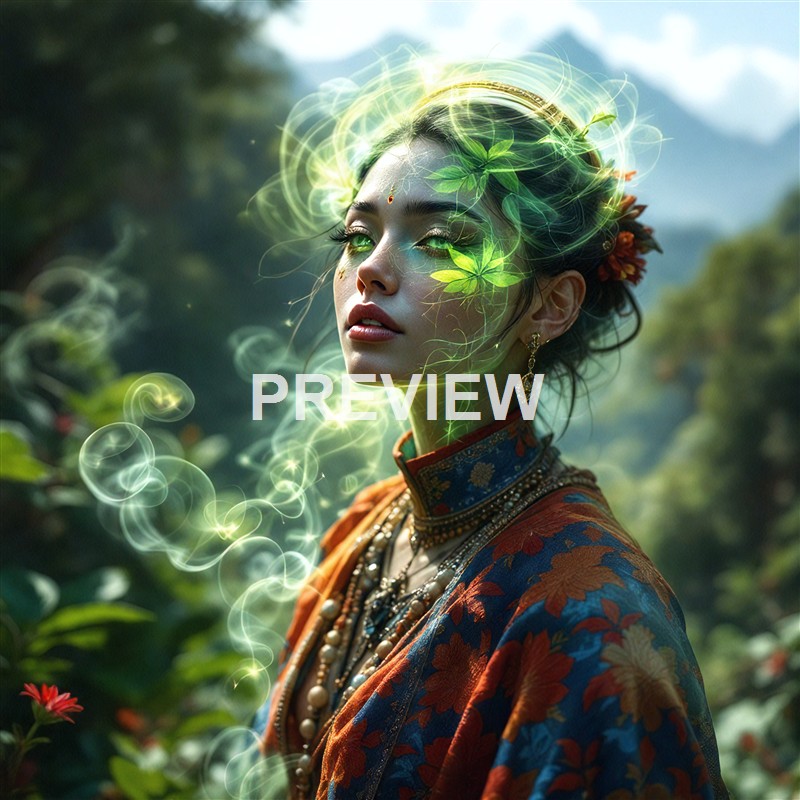 A woman dressed in traditional attire with intricate jewelry is depicted with glowing, mystical green energy and plant-like patterns emanating from her head, set against a lush, green outdoor background.